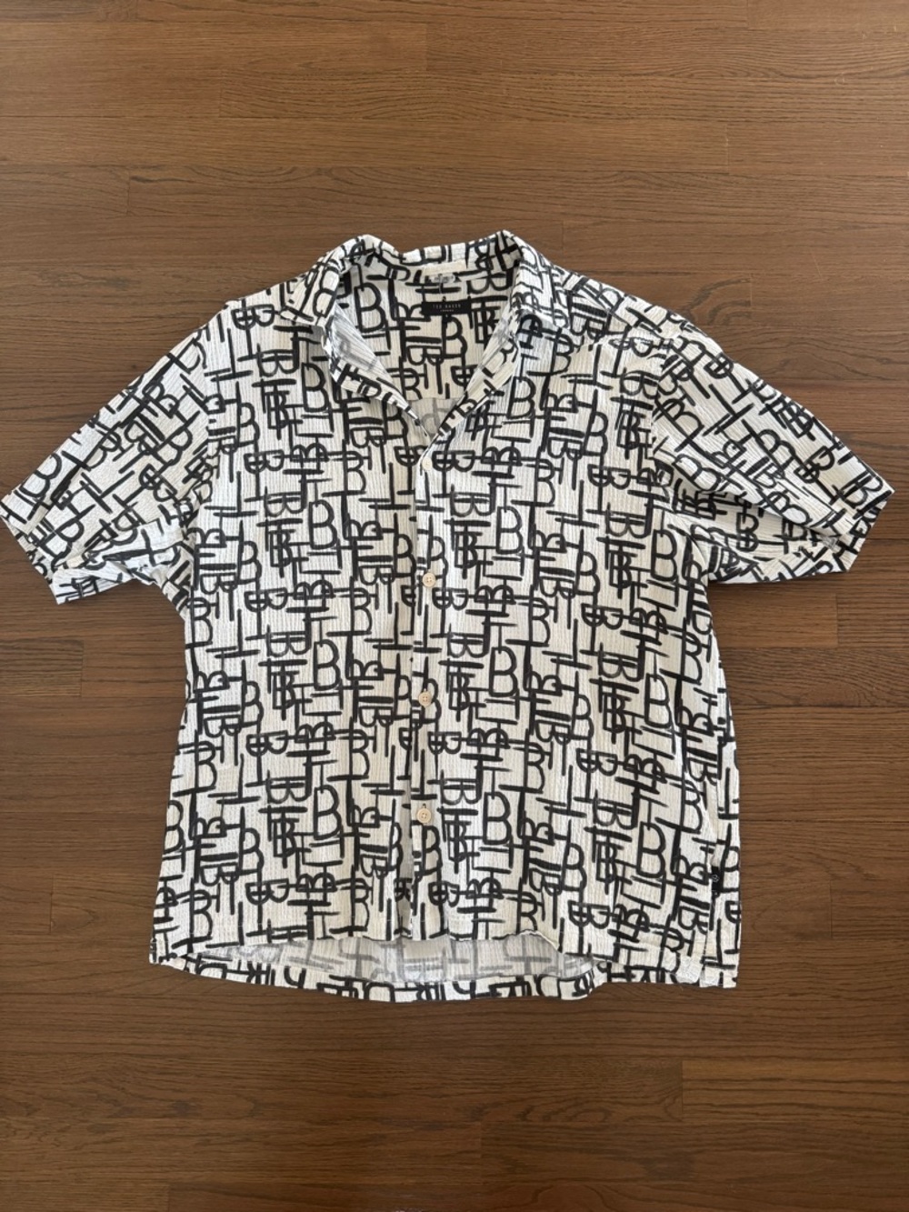 Ted Baker White Short-Sleeve Button-Down Shirt with Black Graphic Print
